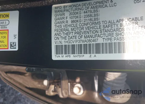 2021 Honda Accord Sport from USA, damaged, VIN 1HGCV1F37MA080467